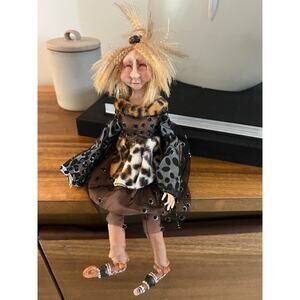 ENCHANTED Winward  Wood Fairy Elf Doll RARE Vintage Shelf Sitter Leopard Print
